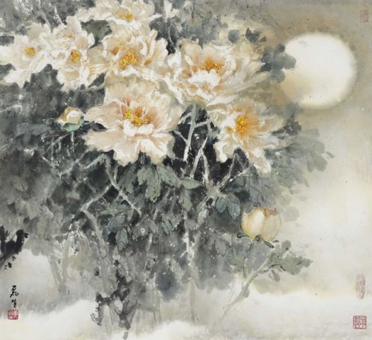 F032 黃磊生---碧月蟾光輝照影 Peonies and Moonlight 85×92cm 2011
